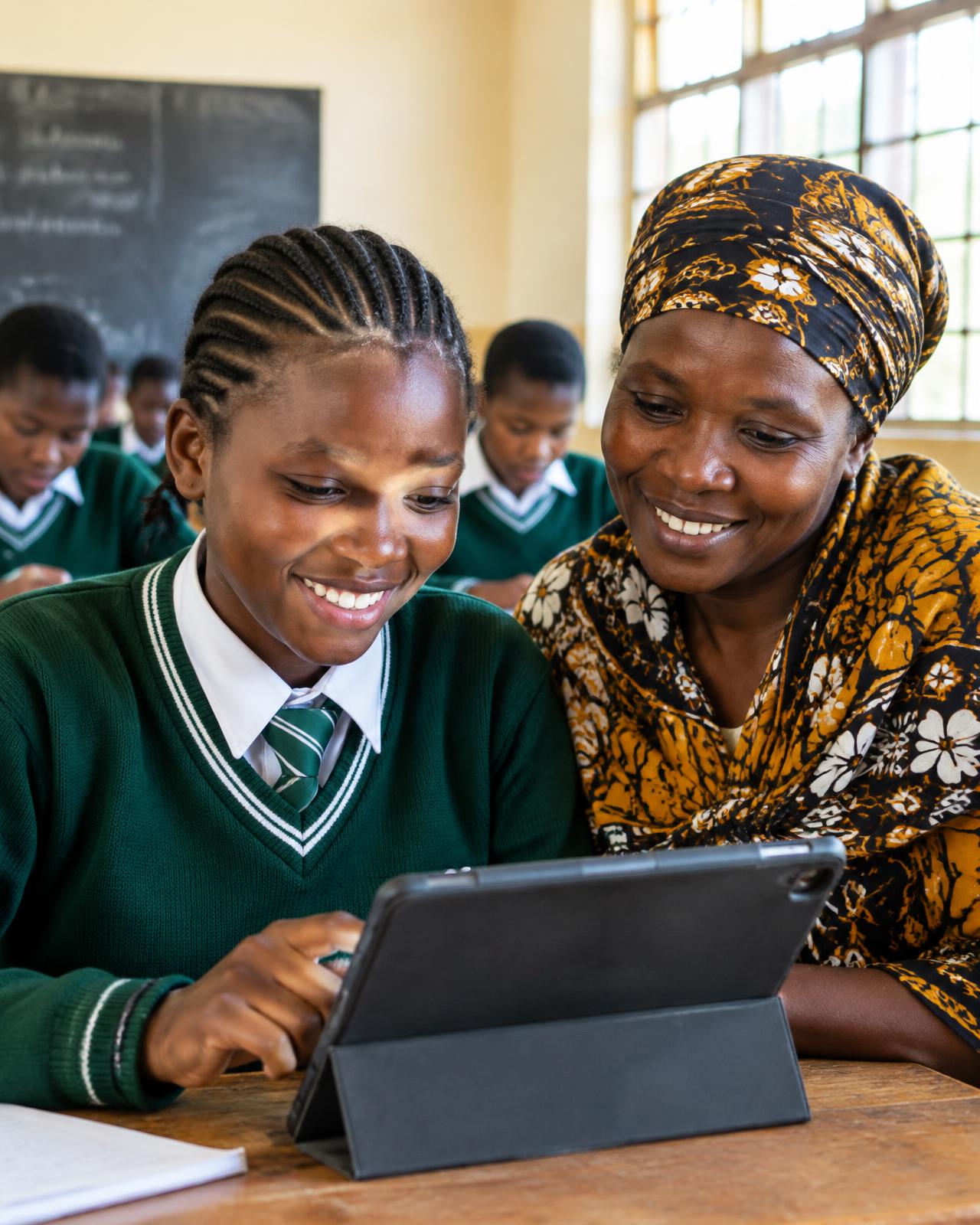 A parent helping a student use a tablet
