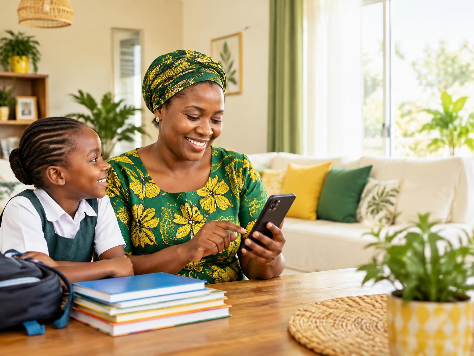 A parent and student checking school information on a device